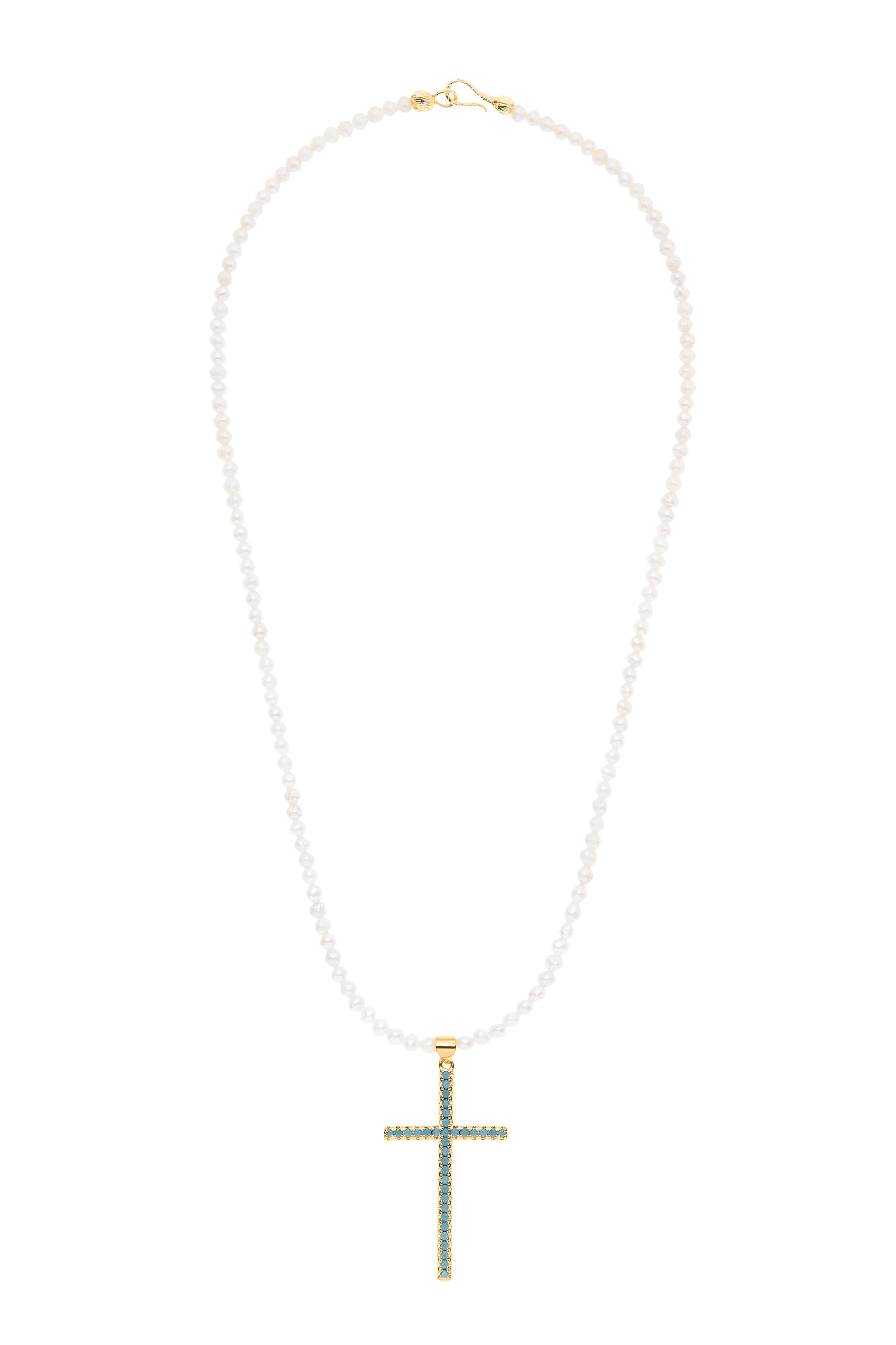 Pearl Necklace with Turquoise Cross