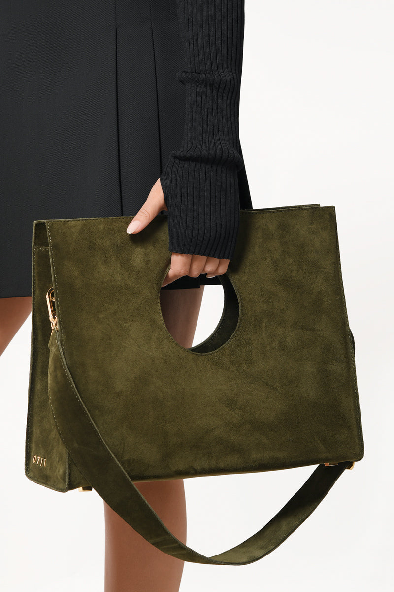 Khaki Round Table Suede Bag