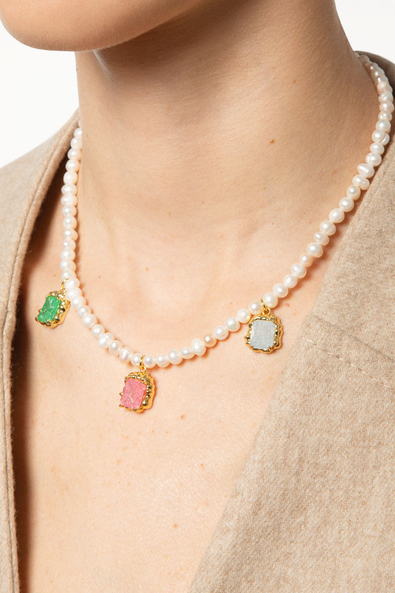 Pearl Necklace with Colorful Zircon Stones