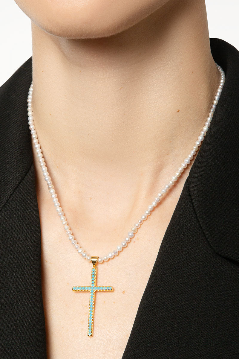 Pearl Necklace with Turquoise Cross